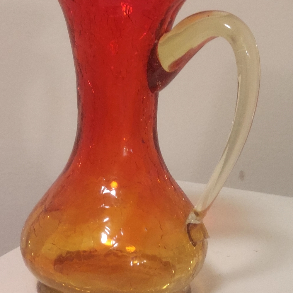 Vintage Red and Orange Glass Art Vase with Curved Handle